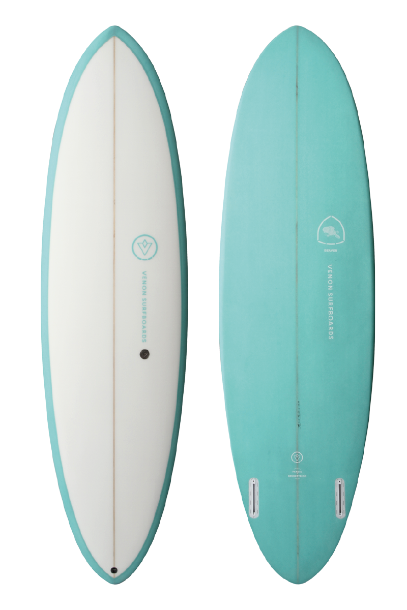 VENON Surfboards - Beaver - Mid Length Twin Pin - White Deck Teal - Round Pin Tail