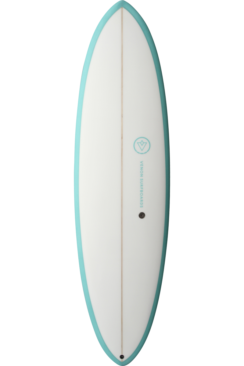 VENON Surfboards - Beaver - Mid Length Twin Pin - White Deck Teal - Round Pin Tail