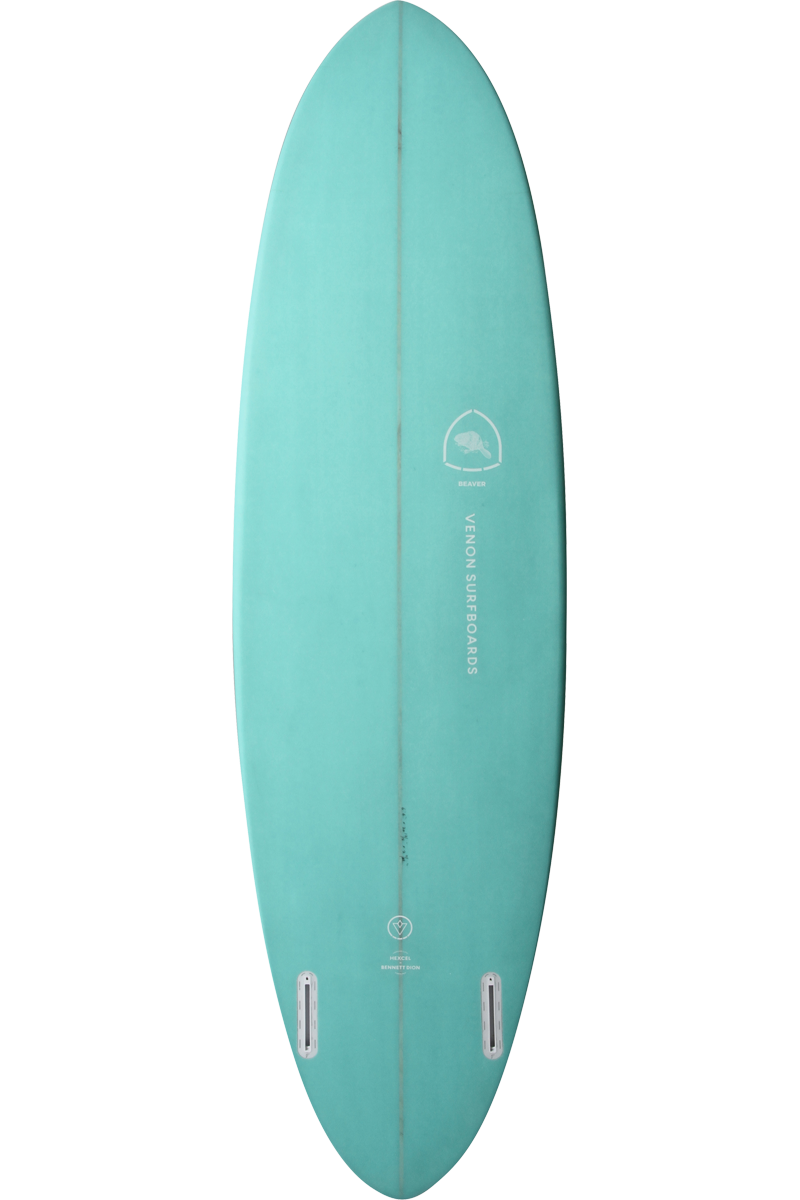 VENON Surfboards - Beaver - Mid Length Twin Pin - White Deck Teal - Round Pin Tail