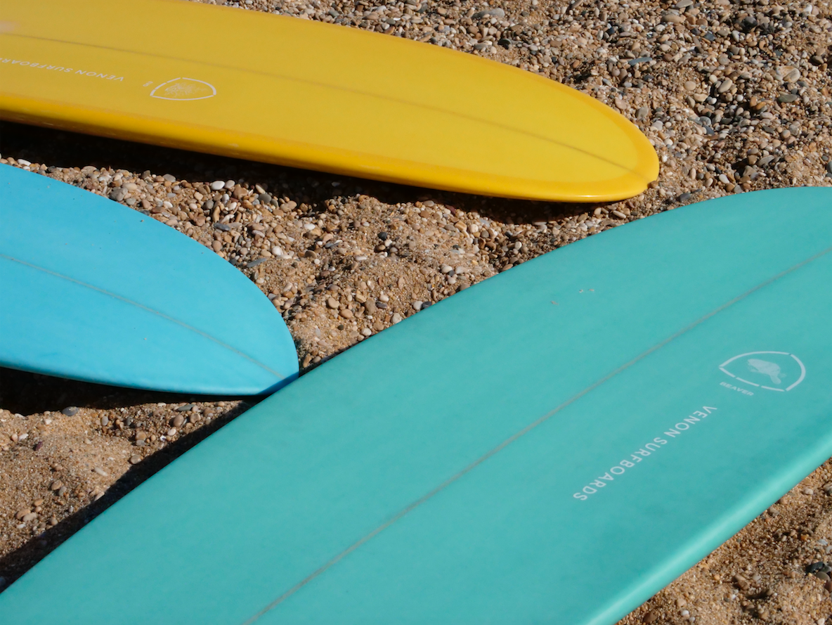 VENON Surfboards - Beaver - Mid Length Twin Pin - White Deck Teal - Round Pin Tail