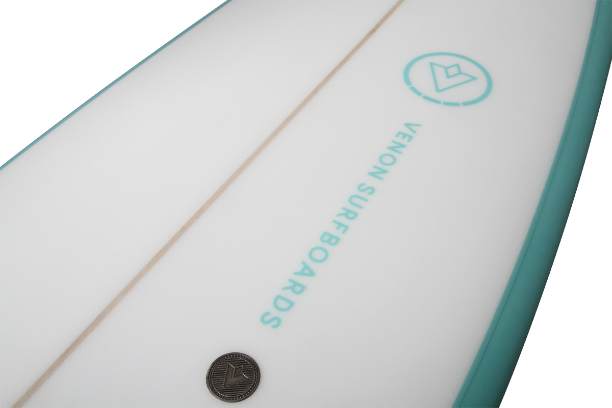 VENON Surfboards - Beaver - Mid Length Twin Pin - White Deck Teal - Round Pin Tail