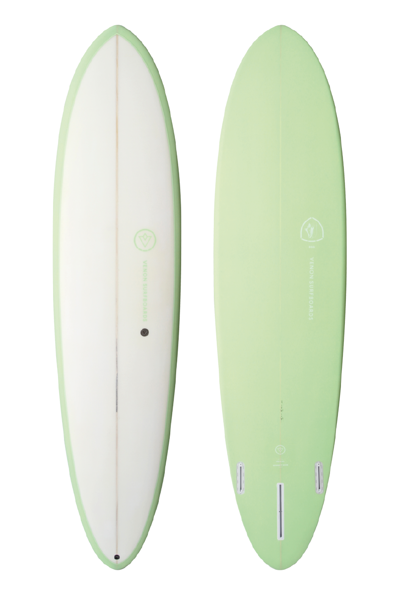 VENON Surfboards - Egg - Mid Length 2+1 - White Deck Lime - Round Pin Tail