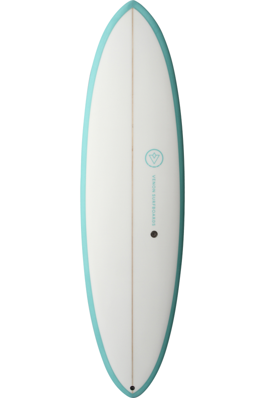 VENON Surfboards - Beaver - Mid Length Twin Pin - White Deck Teal - Round Pin Tail