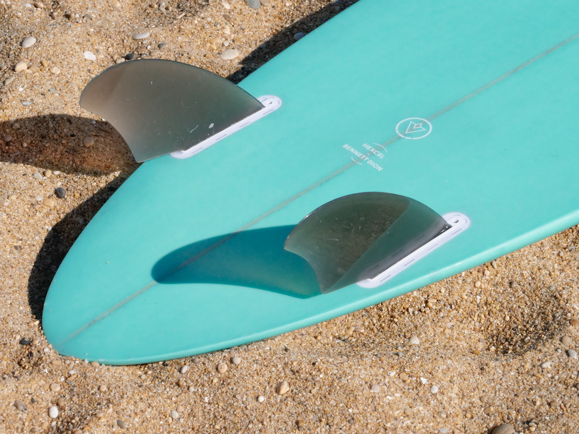 VENON Surfboards - Beaver - Mid Length Twin Pin - White Deck Teal - Round Pin Tail